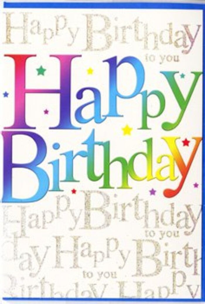 The birthday card in this image exudes a warm, upbeat charm, much like the bustling streets around Manor House on a sunny weekend. Dominating the design is the phrase Happy Birthday, rendered in large, confident letters that arc gently across the card. Each letter is cloaked in a smooth, multi-toned gradient, where rich reds and pinks flow gently into cool blues, greens, and aquas, before brightening into yellows and finally soft lavender. The blended colours feel harmonious and fluid, reminiscent of the way a skilled florist might combine different stems to create a vibrant hand-tied bouquet for a delivery off Green Lanes. Behind this standout text, the background is fully covered with rows of delicate gold cursive writing, repeating Happy Birthday to you in a continuous, looping script. The lines of handwriting create a soft, lyrical pattern, like waves of gentle music at a birthday gathering in a nearby café. The gold ink shimmers subtly, catching stray beams of light and giving the card an elegant, almost dewy sheen. Between the script, there are tiny sparkling flecks and minuscule star motifs, adding a confetti-like effect without overwhelming the design. The overall composition is both festive and refined, with the bold rainbow headline clearly set apart from the more intricate, shimmering backdrop. The surface appears smooth and slightly glossy, suggesting a comfortable, high-quality card stock. This card feels suitable for a wide range of recipients in the Manor House area, from close friends to family, and would sit beautifully next to a fresh, colourful arrangement prepared by the local team at Flowers Manor House.