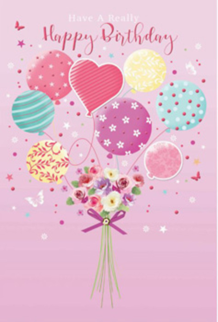 There is a gentle, jubilant spirit in this illustrated birthday scene, as if the artist captured a moment of celebration from a balcony overlooking the tree-lined streets of Manor House. The backdrop is a calm, soft pink that sets a romantic, cheerful tone. Rising from the centre is a cluster of balloons in pale sunshine yellow, rosy fuchsia, mint, and lavender, each balloon edged with delicate highlights that suggest a gentle glow. Some are adorned with swirling stripes, others with tiny dots or floral patterns, giving every balloon its own character while keeping the overall palette beautifully harmonious. Below, a small garden of flowers is gathered into a hand-tied bouquet. Petite roses and daisy-like blooms nestle together, their petals shaded from creamy white to gentle rose and soft mauve, as if kissed by early morning light filtering through the trees by Finsbury Park. The blossoms appear velvety and full, with subtle hints of green foliage peeking between them, adding freshness and contrast. A deep purple satin bow binds the stems at the base, its loops and tails gracefully curved, a finishing detail that speaks to the careful craft of an experienced florist. Around the bouquet and balloons, small butterflies and scattered star motifs flutter and sparkle, enhancing the feeling that the arrangement itself is rising in celebration. The lighting within the illustration is tender and warm, picking up the rounded shine of the balloons and the gentle contours of each petal. It all comes together as a quiet yet radiant expression of birthday joy, the sort of image that would pair perfectly with a thoughtful flower delivery from a trusted Manor House florist.