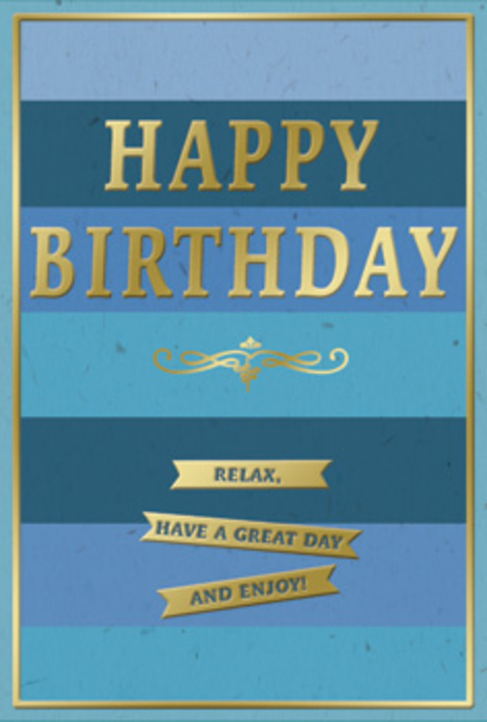 This thoughtfully designed birthday card brings together soothing colour and understated glamor, much like a quiet celebration in a Manor House café tucked just off Green Lanes. The background is formed by broad, horizontal stripes running from one side of the card to the other, each stripe a distinct shade of blue. Pale, almost icy sky blues gradually deepen into richer teal and ocean tones, then sink into deeper navy towards the edges, giving the card a sense of layered dimension and tranquil flow. These stripes evoke a peaceful skyline or distant horizons, creating a calm backdrop for the message at the centre. The words HAPPY BIRTHDAY rise proudly in metallic gold capital letters, embossed so that each letter catches and reflects ambient light with a soft, warm glow, reminiscent of late-afternoon sun glancing off the windows of nearby townhouses. Beneath the main greeting, an elegant gold flourish stretches in a graceful arc, lending a hint of classic stationery design and old-world charm. Just below this flourish, three slim gold banners are stacked neatly in a vertical column, each one carrying a piece of a friendly, reassuring sentiment: Relax, have a great day and enjoy! The banners share the same golden sheen as the central text, tying the different elements into a cohesive whole. Encasing the entire design, a fine gold border runs around the perimeter of the card, offering a sense of completion, much like a carefully chosen frame around a painting. This card would pair beautifully with a hand-tied bouquet from Flowers Manor House, creating a birthday moment that feels relaxed, thoughtful, and gently uplifting for someone special in the local area.