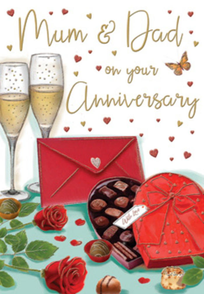 Detailed anniversary card artwork evoking an intimate celebration that could easily be imagined in a Manor House home. Two lush red roses are positioned in the foreground, their petals layered and richly shaded from deep crimson at the centre to slightly lighter red at the edges, giving them a lifelike, velvety appearance. Fresh green foliage peeks out from beneath, adding the same kind of contrast and structure a skilled florist would use in a hand-tied bouquet. Just beside the blooms rests an open, heart-shaped box of chocolates in a luxurious red tone. Its lid is tipped back and draped with a generous red satin bow, the ribbon illustrated with delicate highlights and shadows to show its silky texture. Inside, a selection of chocolates sits in orderly rows, their rounded tops and subtle shine hinting at smooth fillings and rich flavours ready to be shared. Standing close behind are two elegant champagne flutes, filled with sparkling golden wine whose bubbles seem to shimmer upwards, conjuring the soft sound of glasses clinking together over an anniversary dinner after a day around Manor House and Harringay. Scattered gold and crimson hearts drift across the soft, neutral background, surrounding a hand-lettered greeting to Mum & Dad that gives the image a distinctly personal and family-oriented feeling. At the edge of the scene, a scarlet envelope lies sealed, its pointed flap suggesting that a loving message is tucked safely inside. Gentle, warm lighting bathes the entire composition, catching on glass, ribbon, and rose petals, and lending the card a cosy, celebratory mood that feels perfectly suited to marking a long and loving marriage.