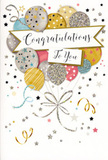 This image shows a radiant congratulations card, photographed front-on as if waiting beside a vase of seasonal flowers in a Manor House shop. At the heart of the design, a cluster of balloons drifts upward in a loose, celebratory formation, their rounded shapes overlapping like petals in a well-balanced bouquet. The colour scheme is quietly luxurious: soft champagne gold, cool silver, muted grey, powder blue and blush pink blend together, each balloon subtly reflective as though catching daylight from a nearby window overlooking Green Lanes. The balloons are individually embellished-some dusted with glimmering specks that resemble fine glitter, others ringed with slender metallic stripes or scattered with miniature stars-creating a gentle sparkle without overwhelming the eye. From their bases trail fine strings and playful ribbons in tones of gold and silver, curling downward in relaxed spirals much like the finishing touches on a hand-tied congratulatory arrangement. Across the centre of the cluster, a graceful banner unfurls, carrying the words Congratulations To You in elegant, flowing calligraphy. The lettering feels as personal as a note composed for someone celebrating an exam result or new job in the Manor House area. Surrounding the main motif is a soft, neutral background, sprinkled with tiny stars, swirling lines and confetti-like dots that give the impression of a party frozen at its happiest moment. Though purely visual, the illustration suggests a tactile mix of smooth card and raised, sparkling ink. The overall mood is airy, polished and full of pride-a card that beautifully complements the joy and significance of life's big achievements.
