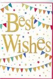 An uplifting Best Wishes card is shown as if freshly picked from a card rack in a friendly Manor House florist, its design full of the gentle buzz of celebration. The background is a bright, unbroken white, giving the whole piece a clean, contemporary feel. In the centre, the words Best Wishes are written in broad, looping golden script that looks embossed and lightly glittered. The gold shines with a soft metallic glow, as though catching the afternoon light streaming through a shop window on Green Lanes, and you can imagine the slight texture beneath a fingertip. Flowing across the top and bottom of the card, curved strings of bunting act like a colourful frame for the words. Each flag is a small triangle of bold colour-inky blue, rich red, leaf green, sunshine yellow, and playful pink-with delicate patterns of dots, lines, or tiny geometric shapes adding character and charm. Scattered across the open white spaces are little stars and confetti-like circles in similar hues, spaced just widely enough to feel airy, as if they are drifting slowly down after a celebratory toss. The composition balances energy with restraint: there is plenty of life in the bright bunting and golden lettering, but also calm in the white space that surrounds them. This card feels perfectly suited for a wide range of joyful occasions in and around Manor House-new jobs, exam successes, engagements, or fresh starts-and would pair beautifully with a hand-crafted bouquet, the printed celebration on paper mirroring the living colours and textures of the flowers it accompanies.