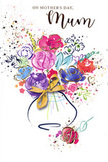 The featured Mother's Day card shows a whimsical, watercolour bouquet that looks as though it could have been inspired by a morning walk through the green spaces near Manor House. The main flowers are painted in strong, joyful tones of cerise, rich pink, and magenta, their petals defined with confident indigo outlines that lend a sense of rhythm, as if the blooms are gently swaying. Intermixed with these are softer blossoms in lavender, sky blue, and muted apricot, blending into one another in transparent layers that suggest the delicate overlap of petals in a real arrangement. Fine touches of gold shimmer along selected edges, forming slender veins and subtle halos around the flowers, reminiscent of the way sunlight falls through tree branches in Finsbury Park. The bouquet is anchored by a modest vase at the bottom of the design, its round form brushed in soft, pale tones that leave plenty of clean white card showing through. A small golden bow at the vase's front adds a note of care and craft, the kind of finishing detail you might see on a hand-tied bouquet moments before it is delivered to a doorstep off Green Lanes. Dotted around the central composition are flecks of colour and delicate heart shapes, scattered like confetti or petals caught on a gentle breeze. These floating marks create a feeling of celebration and tenderness, turning the white background into an airy frame that lets the colours sing. The overall mood is warm, affectionate, and quietly joyful-a paper bouquet that carries the same loving intention as fresh flowers arranged by a local Manor House florist for Mother's Day.