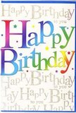 In this photograph, a colourful birthday card is shown from the front, radiating the kind of cheerful energy you might sense around Manor House on a celebration day. At the centre, the words Happy Birthday are printed in large, friendly letters with rounded edges, giving the message a soft, welcoming look. Each letter is filled with a gently shifting rainbow gradient that glides from bold crimson and bright fuchsia into shades of royal blue and teal, then into lively greens, warm golds, and soothing purples. The hues meld together smoothly, echoing the blended tones of a mixed birthday bouquet carried along Green Lanes. Behind the bold phrase, the entire background is decorated with repeated lines of fine, looping gold script. This cursive text quietly reiterates the phrase Happy Birthday to you, its delicate handwriting style adding an elegant, almost musical pattern across the card. Under changing light, the metallic gold glints softly, as though the card is lightly dusted with sunshine, much like the glow over nearby Finsbury Park on a clear afternoon. Dotted between the lines of script are tiny sparkles and subtle star-like specks, giving the impression of scattered confetti and adding a sense of movement and fun. The shiny yet refined finish suggests a smooth, high-quality surface that would feel sleek under the fingertips. Overall, the design is bright without being brash, balancing youthful colour with grown-up sophistication. It's a versatile, uplifting choice for birthday wishes in the Manor House area, especially when paired with a thoughtfully arranged bouquet from Flowers Manor House to complete the celebration.