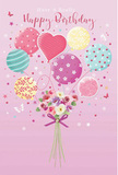 This birthday illustration feels like a burst of light-hearted joy drifting over the rooftops near Manor House, captured on a soft pink canvas. At the centre, a gathering of pastel balloons rises as if caught in a gentle breeze, their shapes rounded and comforting, with one heart-shaped balloon adding a touch of affection and romance. The colour palette is soothing yet celebratory: muted rose pinks, sea greens, butter yellows, and lilacs, each balloon decorated with playful motifs-candy-like stripes, dancing polka dots, and whimsical swirls that lend a sense of fun and movement. Anchoring this airy scene, a bouquet sits at the base, composed of delicate roses and anemone-style blooms in creamy ivory, blush, and smoky mauve. The petals are illustrated with a feathery delicacy that suggests a velvety touch and a gentle, sweet fragrance, like the scent of fresh flowers carried along the paths of nearby Finsbury Park. A violet satin bow wraps snugly around the stems, its sheen catching the softly falling light and giving the composition a polished, gift-like finish. Scattered around the flowers and balloons are tiny twinkling stars and a few light-flying butterflies, adding a hint of fairy-tale wonder, as though the entire arrangement were part of a magical birthday wish. The lighting is tender and luminous, highlighting the curves of the balloons and the layers of petals, creating a sense of depth that makes the design feel almost tangible-an enchanting visual companion to a birthday bouquet for someone cherished in the Manor House area.