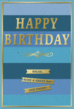 This birthday card radiates a calm, polished charm that would sit beautifully on a coffee table in a Manor House home, perhaps beside fresh flowers and a cup of tea on a quiet birthday morning. The background is made up of generous, horizontal blue stripes, each one a distinct tone. Light, airy blues at the top ease into richer teal and cool ocean hues before settling into deeper navy near the bottom, producing a soft gradient that feels both soothing and contemporary. These layered stripes evoke a sense of depth, not unlike watching the expanse of sky change tones above the trees near Finsbury Park. Centered on this tranquil backdrop is the greeting HAPPY BIRTHDAY, rendered in large, metallic gold capital letters that stand slightly raised from the surface. The gold foil has a gentle shine, catching the light with each small shift in angle, adding a touch of celebration and luxury. Beneath the main message, a single graceful gold flourish arcs across the card, echoing the elegant sweep of handwritten calligraphy. Directly underneath, three slim, golden banners sit in a neat vertical stack, each bearing part of a warm, inviting phrase: Relax, have a great day and enjoy! The banners mirror the same glowing gold as the central text, bringing harmony to the design. A slender gold border wraps around the entire edge of the card, framing the blues and gold with a sense of refined completion. The card's mood is one of quiet joy and reassurance, perfect to accompany a birthday bouquet delivered around Manor House when you want your wishes to feel calm, sincere, and beautifully considered.