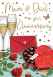 Softly romantic anniversary card design that looks like a private celebration laid out on a table in Manor House. In the foreground, two beautifully drawn red roses rest side by side, the artist carefully capturing the velvety texture of each petal and the subtle curves that give the flowers depth and character. Bright green leaves surround the blooms, offering a natural contrast that feels much like a florist's thoughtful touch. Next to the roses, an open heart-shaped box of chocolates in a deep red shade immediately draws the eye, its lid leaning back and anchored with a wide, flowing red satin bow. Inside the box, neat rows of glossy chocolates are nestled together, suggesting a shared treat enjoyed at the end of the day. Just behind, two slender champagne flutes stand very close, filled with golden fizz, tiny bubbles rising toward the rim as though moments before a gentle toast between partners, perhaps after a walk down Seven Sisters Road or through Finsbury Park. Floating gold and crimson hearts add a playful and romantic rhythm to the background, framing a handwritten-style dedication to Mum & Dad that makes the card feel specially tailored for parents. At the base of the composition, a vivid scarlet envelope sits neatly sealed, hinting at personal words of love and appreciation. The warm, ambient light softens every edge, creating subtle reflections on glass and a soft sheen over the chocolates and bow, so the whole image radiates a sense of warmth, gratitude, and enduring affection that resonates with family celebrations in Manor House.